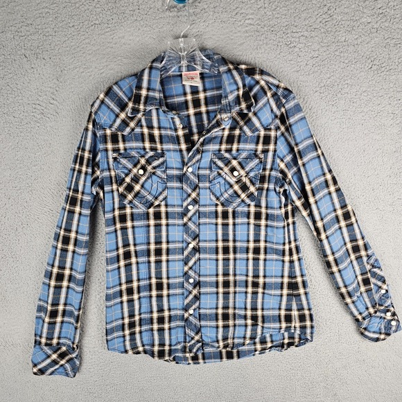 True Religion Flannel Western Shirt Mens Medium Multi Plaid Pearl Snap Button - Picture 1 of 10